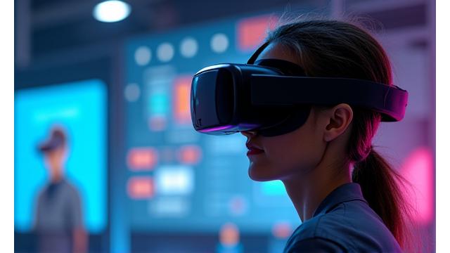 Personne portant un casque VR, immersée dans une simulation de formation complexe.